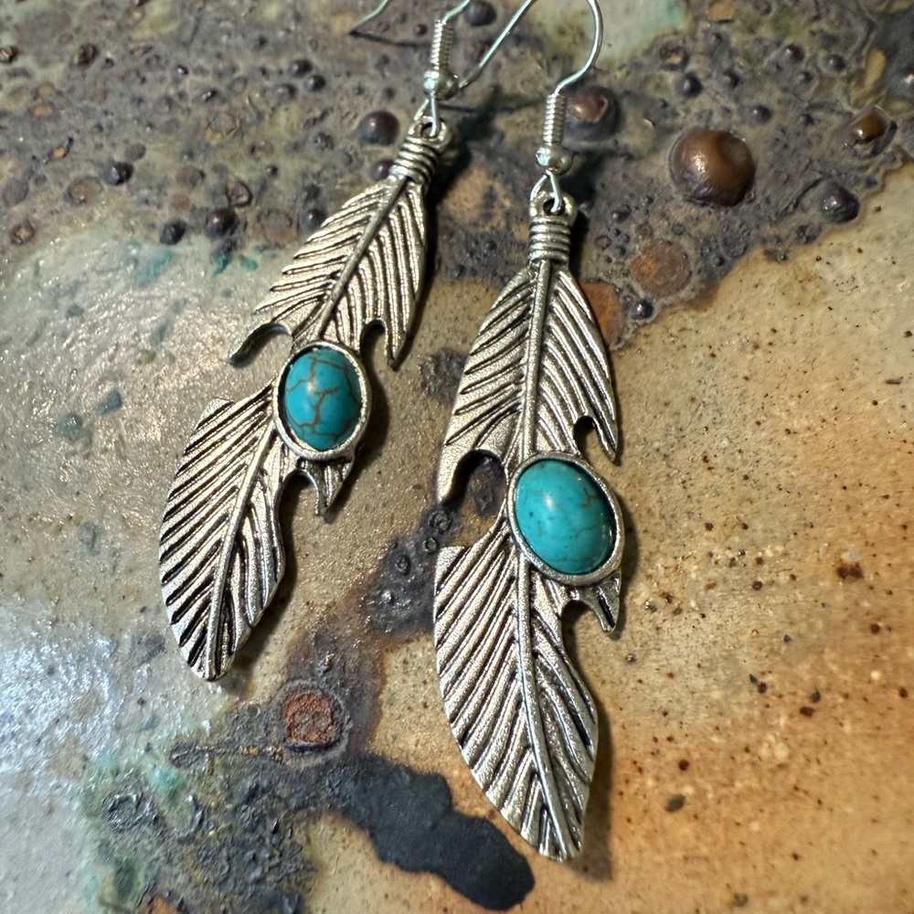 Silver Feather Earrings with Turquoise Accents